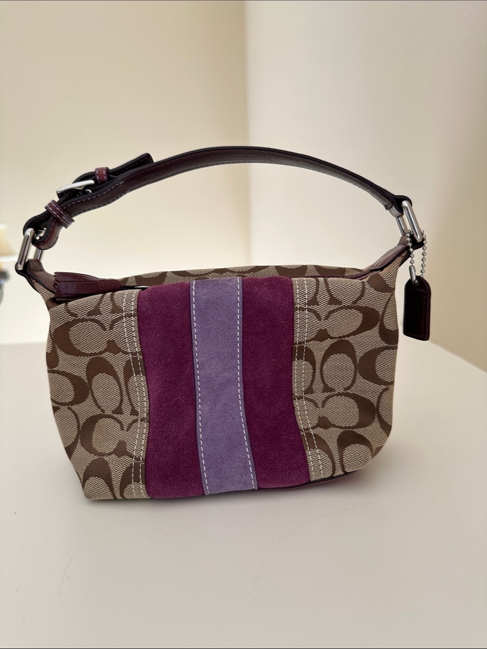 Coach Brown Signature Canvas Shoulder Bag with Purple Suede Center Stripe